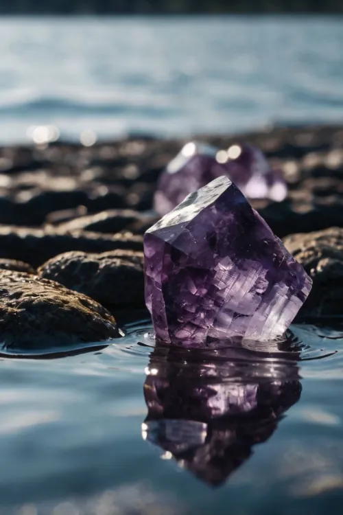 Amethyst crystal held near a window receiving sunlight