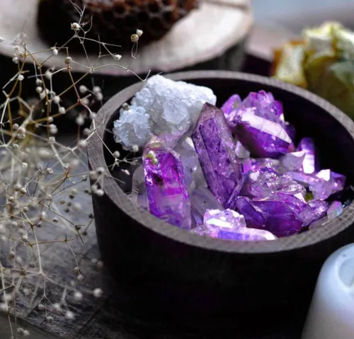 Close-up of amethyst crystals showing natural inclusions