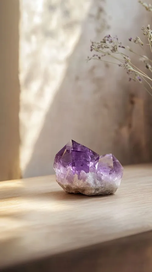 Close-up of natural vs treated amethyst