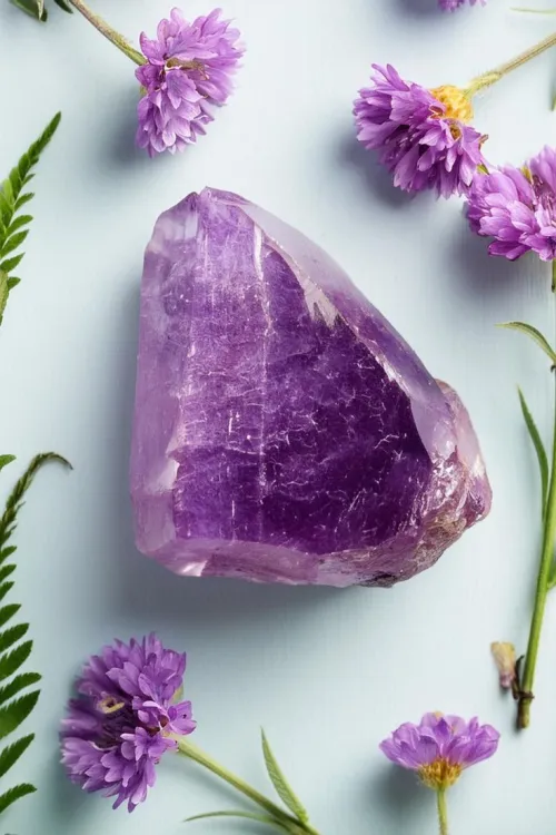 Close-up of wire-wrapped amethyst pendant secured to tree branch